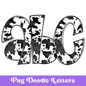Cow Print Doodle Alphabet Letters, PNG, Commercial Use, Animal Pattern, Hand Drawn, Sublimation Design, Alpha Doodle, Watercolor