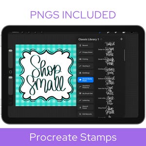 May include: A digital tablet screen displaying a Procreate interface with a brush library menu and a square graphic featuring the text Shop Small in black cursive lettering centered on a teal and white gingham background pattern.