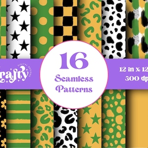 Peut inclure: Un design numérique présentant 16 motifs sans couture de styles variés, dont des pois, des étoiles et des imprimés animaliers. Les motifs sont en vert, noir et or, mesurant 30,48 x 30,48 cm et 300 dpi.
