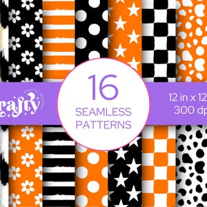 May include: A collection of 16 seamless digital patterns in orange, black, and white. Designs include flowers, stripes, polka dots, stars, checkers, cow spots, and leopard prints. Text reads Krafty Digital Designs, 16 seamless patterns, 12 in x 12 in, 300 dpi.
