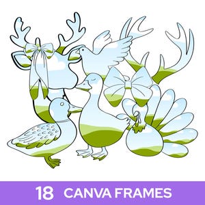 May include: A whimsical illustration featuring a deer, ducks, a dove, and a turkey, all with a transparent, light blue and green design. Each animal has a bow. The text "18 CANVA FRAMES" is at the bottom.