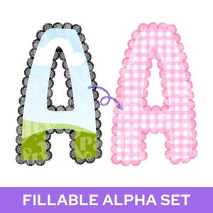 May include: Two capital letter A shapes. The left letter A features a blue sky with a white cloud and a green landscape, bordered by black lace. The right letter A has a pink and white gingham pattern with a pink lace border. A purple arrow connects them.
