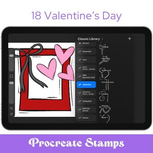 May include: A digital tablet shows a Valentine's Day illustration with pink hearts and a red frame. The screen displays a Procreate Stamps library with design options. Text at the top reads "18 Valentine's Day" and at the bottom "Procreate Stamps."