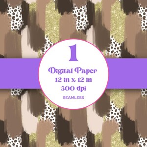 May include: A digital paper design featuring a seamless pattern of brown, beige, and gold brushstrokes with white polka dots. The paper is 12 inches by 12 inches and 300 dpi.