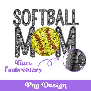 Mãe de Softball com Bordado Falso Png, Desenhos de Sublimação, Clipart de Esportes, Lantejoulas Falsas, Design de Verão