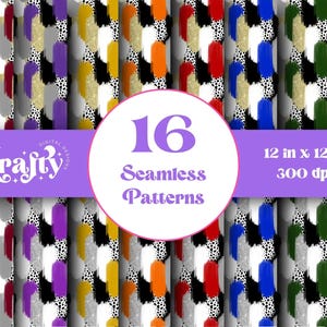 Può includere: Design digitale con 16 motivi senza cuciture. I motivi presentano disegni a pennellate in colori come rosso, nero, oro, viola, arancione, blu e verde, con un motivo a pois. L'immagine include il testo "Krafty" e "12 in x 12 in 300 dpi."