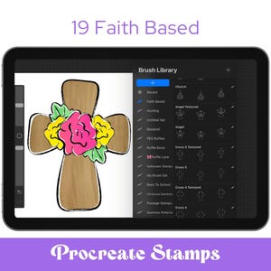May include: A digital tablet displays a cross design with a floral arrangement in pink, yellow, and green. The screen shows "19 Faith Based" and "Procreate Stamps". The tablet's interface includes a brush library with various religious-themed stamps.