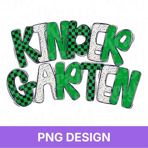 Könnte beinhalten: Ein Grafikdesign mit dem Wort KINDERGARTEN in fetter, stilisierter Schrift. Die Buchstaben wechseln zwischen einem grün-schwarzen Schachbrettmuster, einfarbigem Grün und einem weißen Hintergrund mit schwarzen Punkten, alles schwarz umrandet.