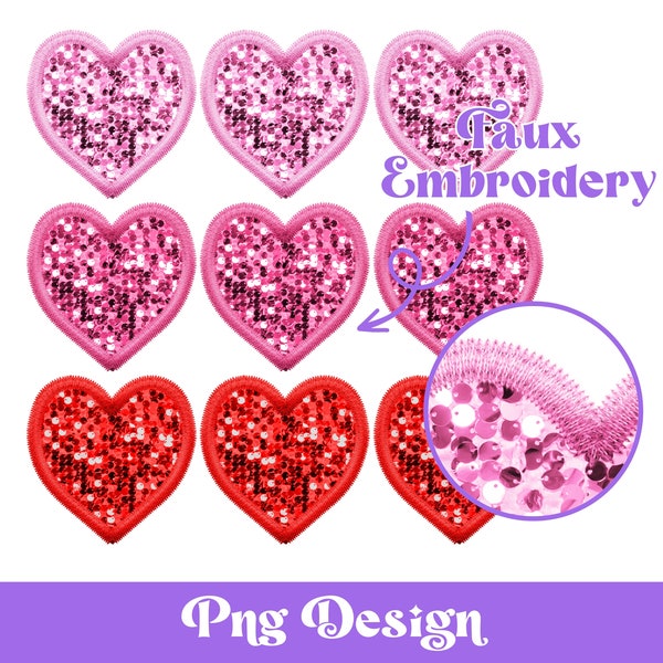 Faux Embroidery Sequin Hearts Png, Sublimation Designs, Valentine's Day Clipart, Faux Sequin