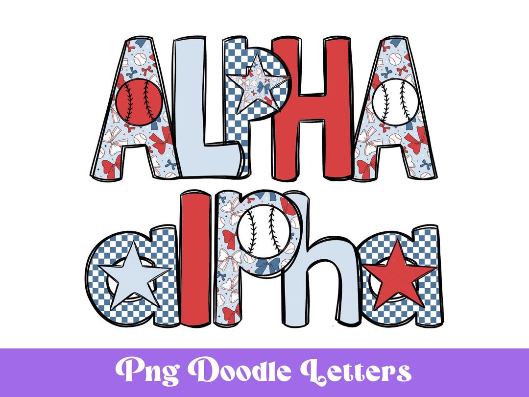 Baseball Doodle Alphabet Clipart: Checkered Sublimation Letters (PNG ...