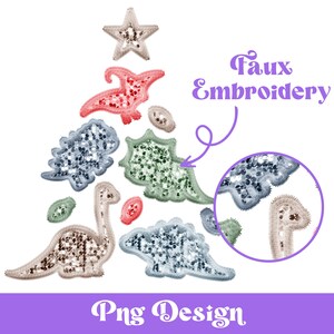 Árvore de Natal de dinossauro com bordado falso Png, Designs de sublimação, Clipart de Natal, Lantejoulas falsas, Natal infantil, Árvore de dinossauro, Boho neutro
