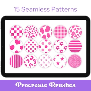 May include: A digital tablet displays 15 seamless patterns in pink and white circles. Patterns include polka dots, hearts, stripes, and animal prints. The text "15 Seamless Patterns" and "Procreate Brushes" are also visible.