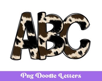 Cow Print Doodle Alphabet Clipart, Animal Pattern, Western Cowgirl, Sublimation Letters, Southern, Alpha Doodle, Hand Drawn