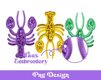 Faux Embroidery Mardi Gras Crawfish Png, Sublimation Designs, Louisiana Clipart, Faux Sequin, New Orleans