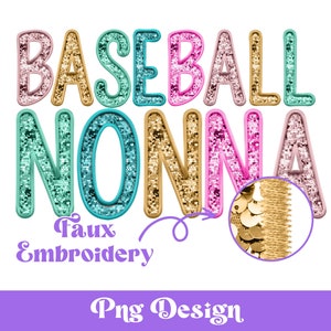 Faux Bordado Beisebol Nonna Png, Desenhos de Sublimação, Clipart de Esportes, Lantejoulas Falsas, Design de Verão, Colorido