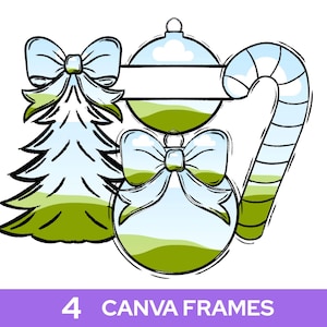 Peut inclure: Illustration numérique d'éléments de Noël. L'image comprend un sapin de Noël, des boules et une canne en bonbon, tous avec des contours noirs et des détails bleus et verts. Le texte "4 CANVA FRAMES" est en bas.