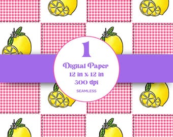 Lemons Checkered Patchwork Seamless Pattern, Sublimation, Digital Repeatable Pattern, Quilted, Stitches, Summer, Spring