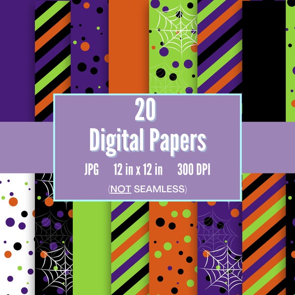 Halloween Digital Paper Backgrounds, Commercial Use, Pattern Backgrounds, Stripes, Circles, Polka Dot, Neon, Spiderweb