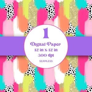 May include: Seamless digital paper pattern with bright colors, including pink, yellow, green, blue, and orange. The pattern features abstract brushstrokes and a black and white animal print.