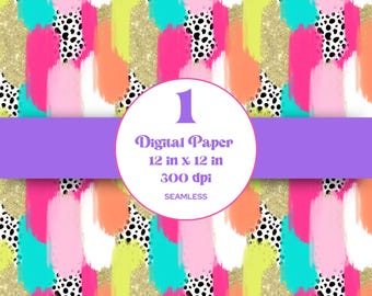 Hand Drawn Paint Brush Stroke Seamless Pattern, Digital Repeatable Pattern, Dalmatian Dots, Colorful Bright