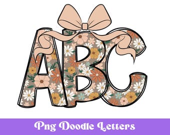 Retro Summer Alphabet Doodle Letters, Clipart, PNG Design, Flower Pattern, Floral Sublimation Alphabet, Coquette Bow