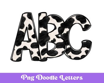 Cow Print Doodle Alphabet Clipart, PNG Design, Instant Download, Animal Pattern, Black and White, Sublimation Letters