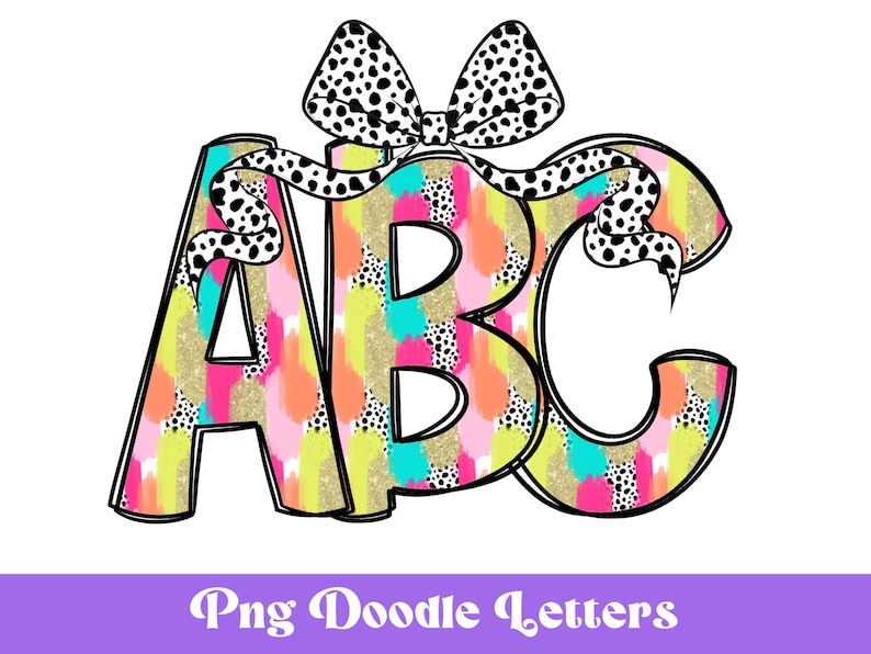 Op de afbeelding: Kleurrijke ABC-letters met een zwart-witte stippen strik. De letters zijn gevuld met verschillende kleuren en patronen, waaronder roze, blauw, geel en groen.