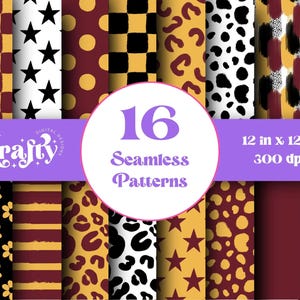 May include: A digital design featuring 16 seamless patterns in various styles. The patterns include stars, polka dots, leopard print, and checkered designs in a color palette of burgundy, gold, black, and white. The image includes the text "12 in x 12 in 300 dpi".