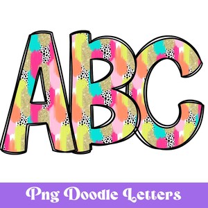 Op de afbeelding: Kleurrijke ABC-letters met een abstract patroon in roze, geel, blauw en goud. De letters zijn zwart omlijnd.