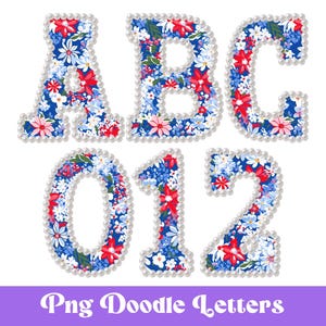 Alfabeto perlado, clipart del alfabeto doodle, letras de sublimación, dibujado a mano, alfabeto digital, preppy, gran milenio, 4 de julio, floral