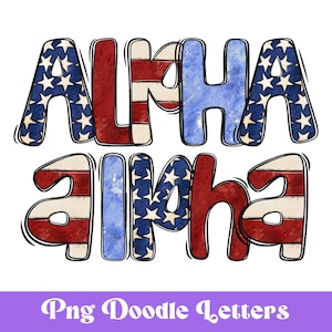 Vaterländisches Gekritzel-Alphabet Clipart, Polka-Dot-Muster, Sublimationsbuchstaben, Streifen-Alphabet, PNG-Design, 4. Juli, Alpha Doodle