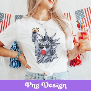 Preppy Lady Liberty Soprando Chiclete PNG, Design de Camisa de Sublimação, Download Instantâneo, Desfile, Óculos de Coração, 4 de Julho, Patriótico