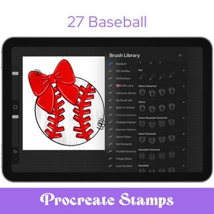 May include: A digital illustration of a baseball with a red bow on a tablet screen. The baseball has red stitching and a white background. The tablet displays the text "27 Baseball" and "Procreate Stamps".