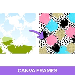 Könnte beinhalten: Das Bild zeigt ein Design mit farbenfrohen Farbspritzern in Rosa, Blau, Schwarz und Gold auf weißem Hintergrund mit schwarzen Punkten. Der Text "CANVA FRAMES" wird auf einem lila Banner unten angezeigt.
