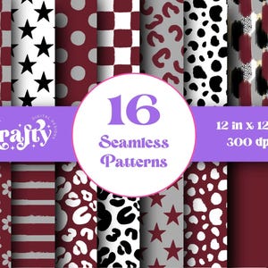 May include: A digital design featuring 16 seamless patterns in a burgundy and white color scheme. Patterns include stars, polka dots, checks, and floral designs. The image includes the text "16 Seamless Patterns" and "12 in x 12 in 300 dpi".