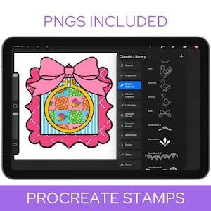 May include: A digital illustration displayed on a tablet, featuring a pink bow and a framed embroidery hoop with a patchwork design. The tablet screen also shows a Procreate interface with various stamp options. Text at the top reads "PNGS INCLUDED" and at the bottom "PROCREATE STAMPS".
