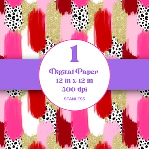 May include: Digital paper with a seamless pattern featuring brushstrokes in red, pink, white, and gold glitter, with black and white polka dots. The design includes the text "Digital Paper 12 in x 12 in 300 dpi SEAMLESS".
