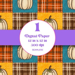 May include: Digital paper with a repeating pattern of pumpkins and plaid squares in orange, brown, teal, and yellow. The design includes the text "Digital Paper 12 in x 12 in 300 dpi SEAMLESS" in a white circle with a purple banner.