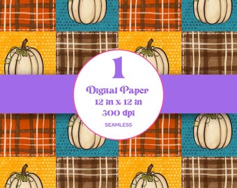 Fall Pumpkin Patchwork Seamless Pattern, Sublimation,  Autumn Quilted, Stitches, Plaid