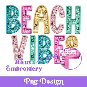 Bordado falso Beach Vibes Png, Desenhos de sublimação, Clipart de verão, Lantejoulas falsas, Crianças, Design de verão para meninas, Colorido