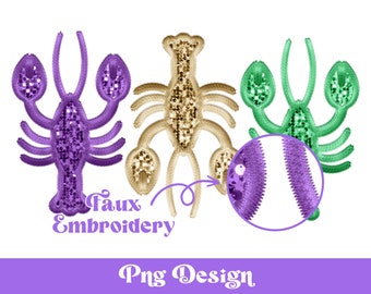 Faux Embroidery Mardi Gras Crawfish Png, Sublimation Designs, Louisiana Clipart, Faux Sequin, New Orleans