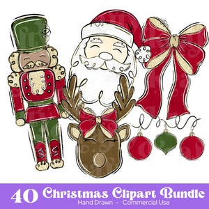 May include: A collection of Christmas-themed clipart illustrations. Includes a nutcracker, Santa Claus, a reindeer with a red bow, a large red bow, and hanging ornaments. The text at the bottom reads "40 Christmas Clipart Bundle".
