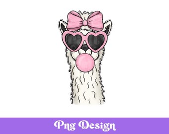 May include: A white llama with pink heart-shaped sunglasses and a pink bow on its head. The llama is blowing a pink bubble.