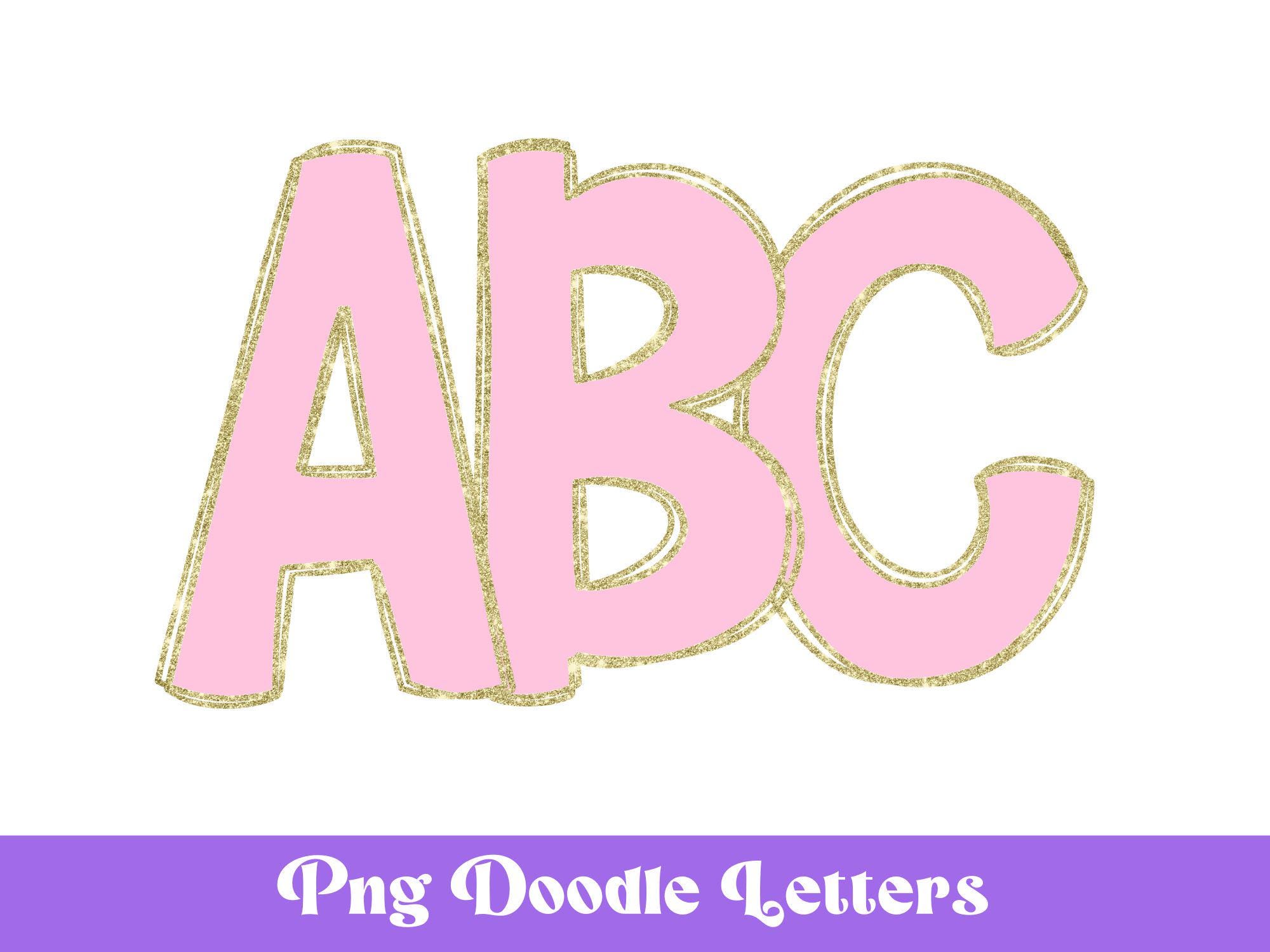 Pink and Gold PNG Doodle Letters, Sublimation, Alphabet Set Bundle, DIY, Alpha Doodle Set, Gold Glitter