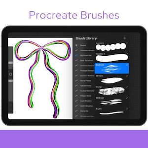 May include: A digital illustration of a colorful bow on a tablet screen, with the text "Procreate Brushes" above. The screen displays a brush library with various brush styles, including "Dry Brush" and "Oil Paint".