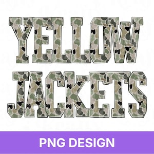 May include: The text YELLOW JACKETS is displayed in a bold, block-style font. Each letter is filled with a camouflage pattern consisting of overlapping shapes in shades of olive green, tan, dark brown, and black, outlined with a thin dark border.
