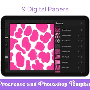 Può includere: Un tablet digitale mostra un motivo rosa e bianco, con il testo "9 Digital Papers" in alto. Lo schermo mostra varie opzioni di livello, tra cui tratti di pennello e pois. Il testo "Procreate and Photoshop Template" è in basso.