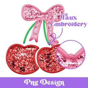 Laço de coquete de cereja do dia dos namorados PNG, lantejoulas de bordado falso, transferência de designs de sublimação, estética de menina suave, glitter rosa vermelho da moda