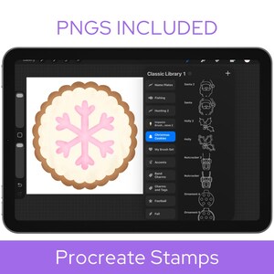 May include: A digital tablet screen displaying a Procreate interface with a round cookie illustration featuring a pink snowflake design. The sidebar shows a list of brush stamps labeled Classic Library 1, including Santa, holly, and nutcracker icons.