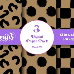 May include: A digital paper pack featuring three seamless designs: leopard print, black polka dots, and a black and tan checkerboard pattern. The pack includes 12 x 12 inch, 300 dpi digital papers. The image includes the text "3 Digital Paper Pack".